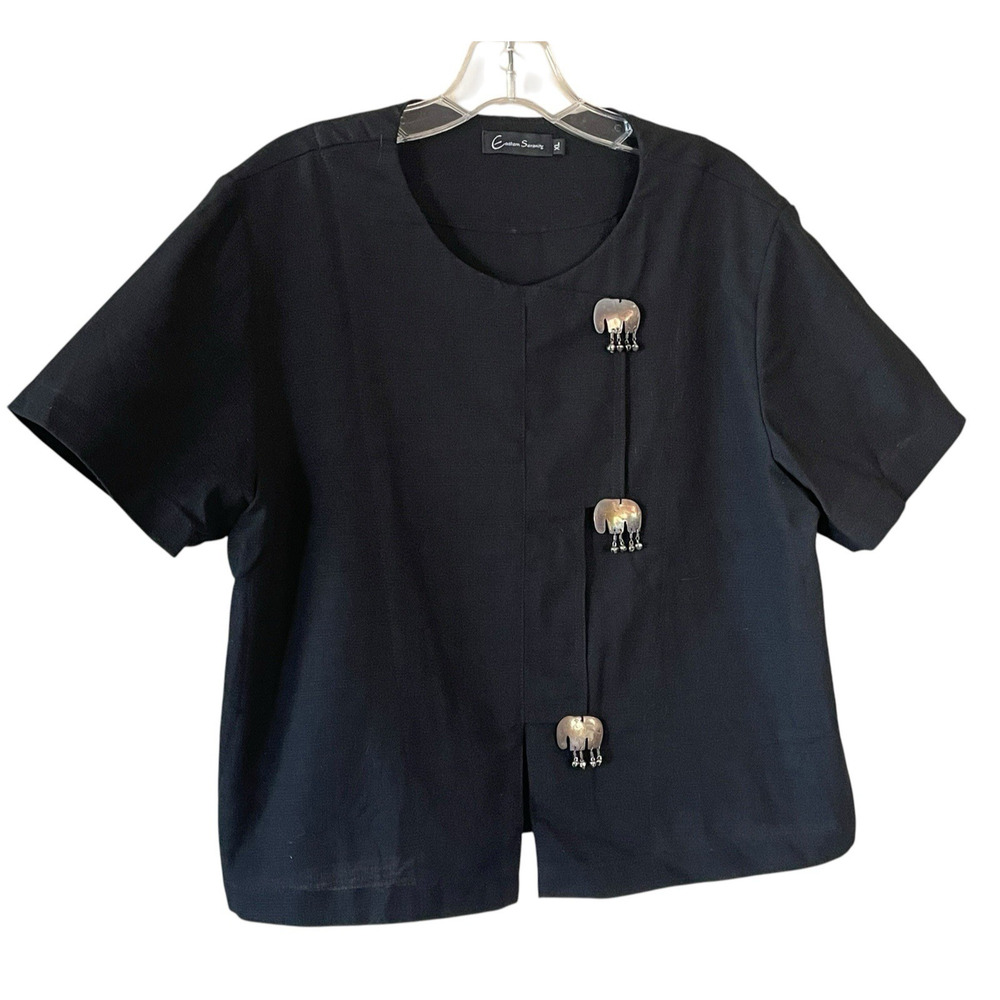 EASTERN SERENITY Women's Size XL Black Cotton Elephant Art Boxy Short Sleeve Top - Picture 3 of 8